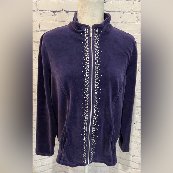 Chico's Zenergy Velour Embellished Jacket Zip front Collared Size 2/M - Picture 2 of 10